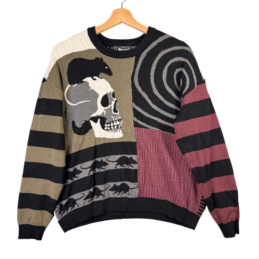 Hot Topic Skull Rat Patchwork Mixed Pattern Knit Sweater Small 34160096 Black